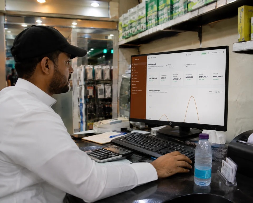 A shopkeeper at the counter reviewing the Qeemah dashboard on a desktop monitor, with stocked shelves behind him.